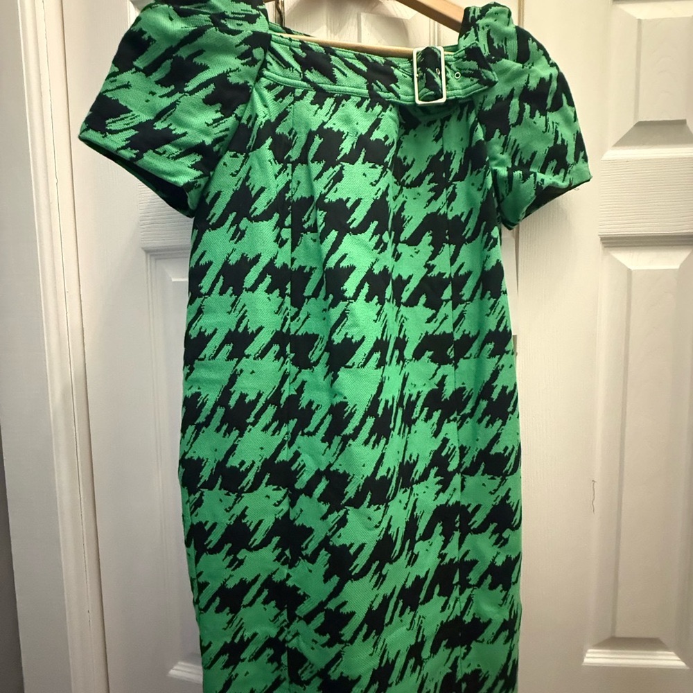 Marc By Marc Jacobs Green And Black Houndstooth Short-Sleeve Tulip Dress